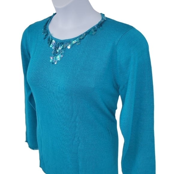 Diane Gilman Womens Blue/ Turquoise 100% Silk Sweater w/ Sequins - Picture 3 of 13